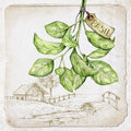 Ilustração de ramo de manjericão com etiqueta BASIL e cenário de chalé rural em fundo bege