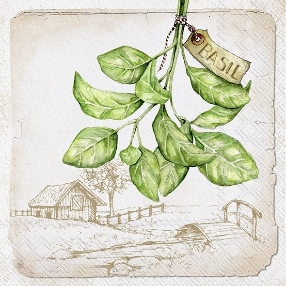 Ilustração de ramo de manjericão com etiqueta BASIL e cenário de chalé rural em fundo bege