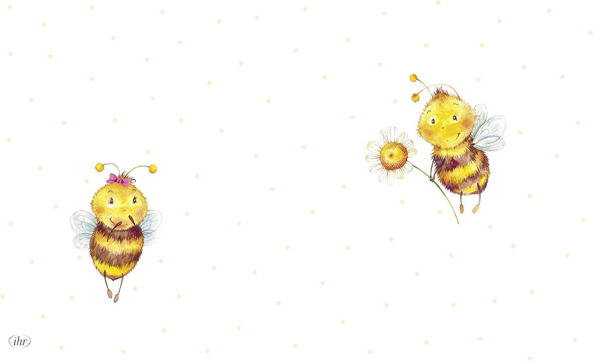 Ilustrações de duas abelhas amarelas com padrões castanhos e asas, num fundo branco com pontos amarelos.
