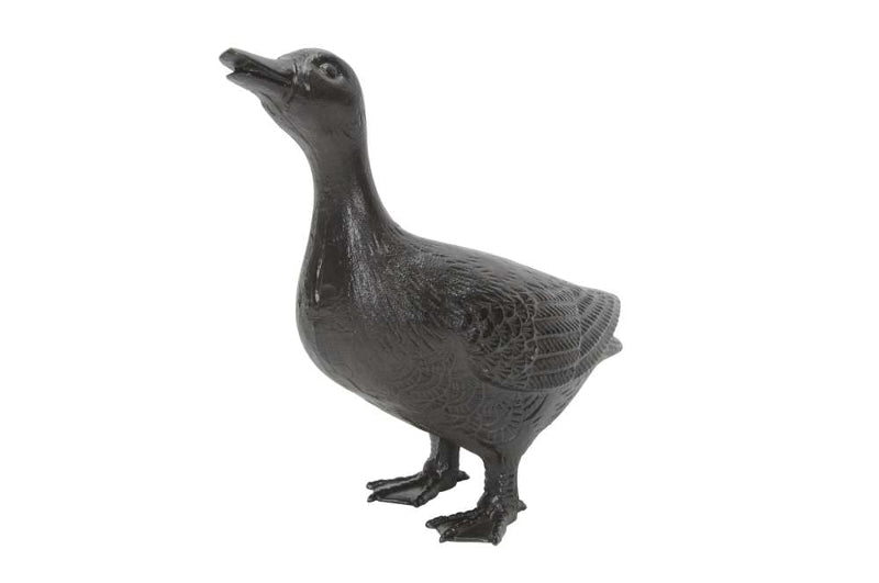 Estatueta de pato preto em metal com textura detalhada