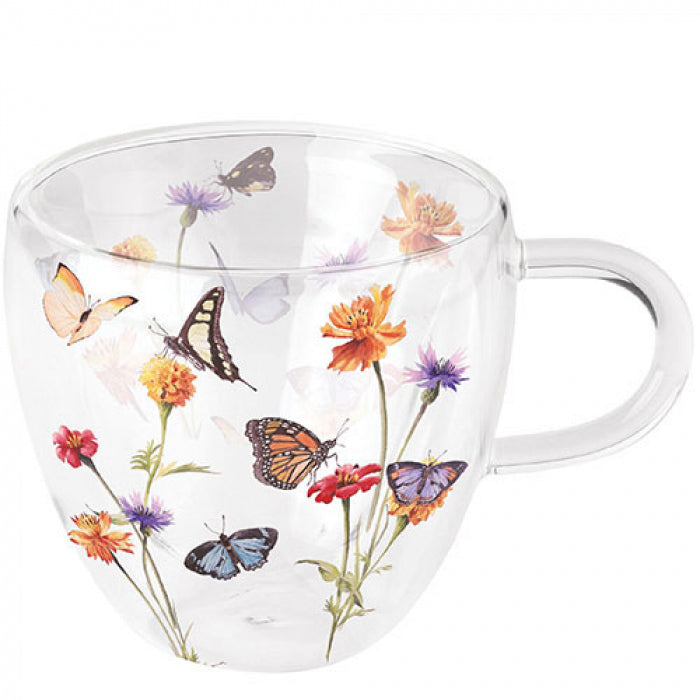 Caneca de vidro transparente com flores e borboletas coloridas