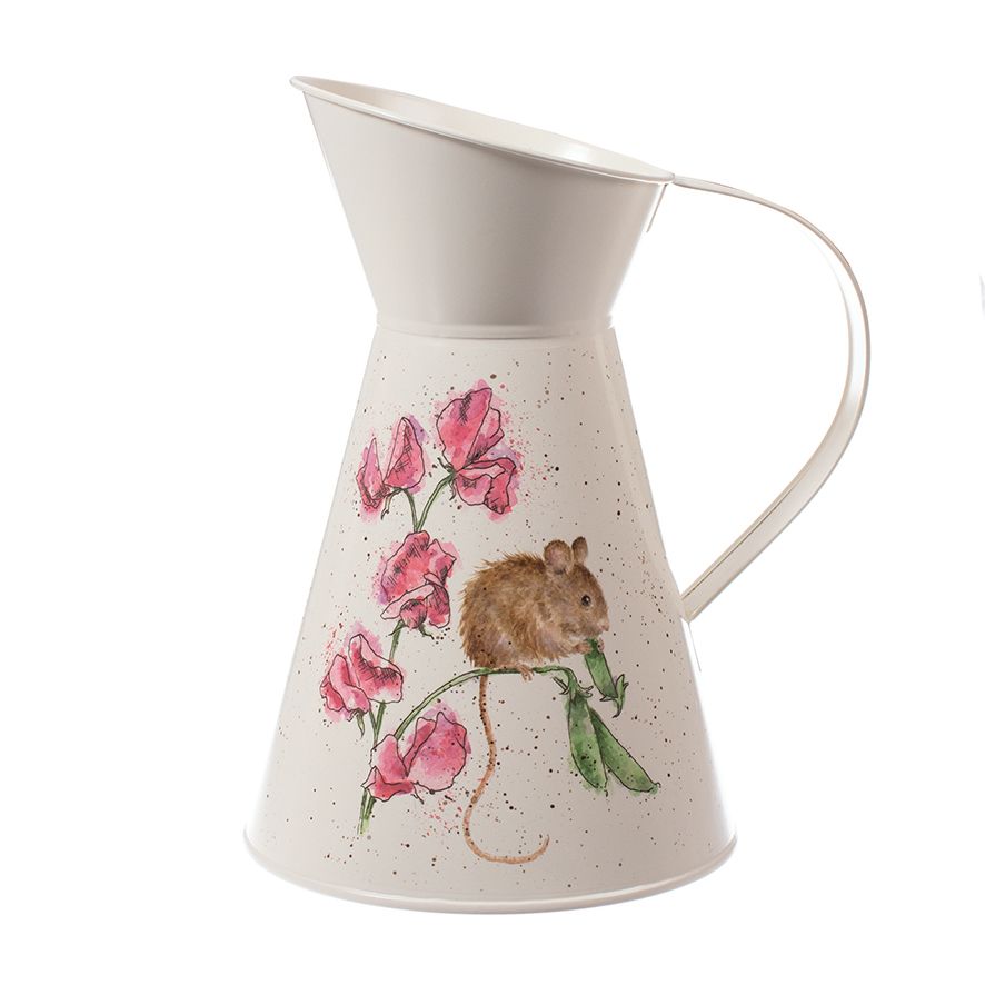 Jarro metálico branco com ilustração de rato e flores cor de rosa