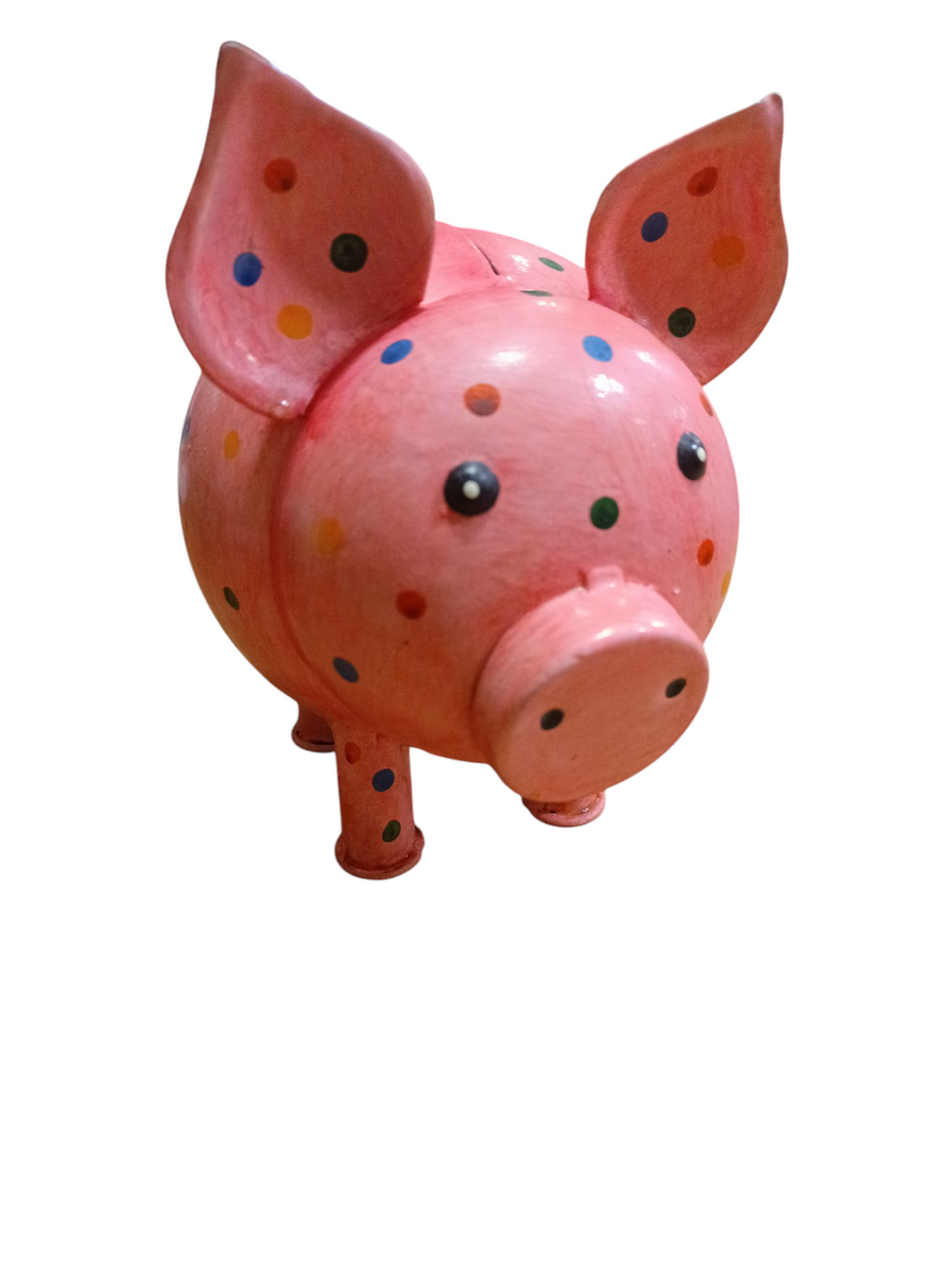 Cofre em forma de porco rosa com pintas coloridas em fundo branco