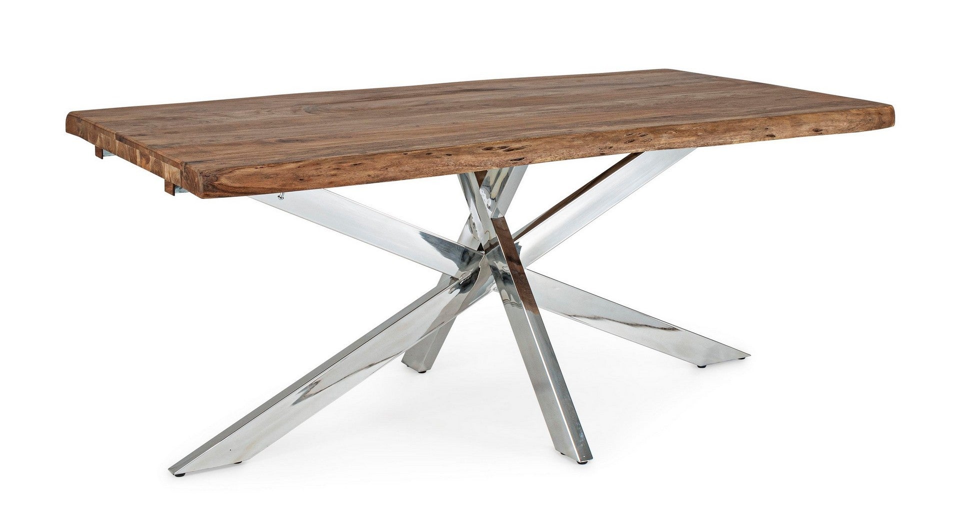 Mesa de madeira com base metálica cromada
