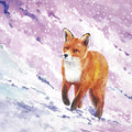 Ilustração de raposa vermelha na neve com flocos de neve e céu rosa e lilás