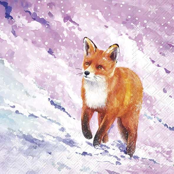 Ilustração de raposa vermelha na neve com flocos de neve e céu rosa e lilás