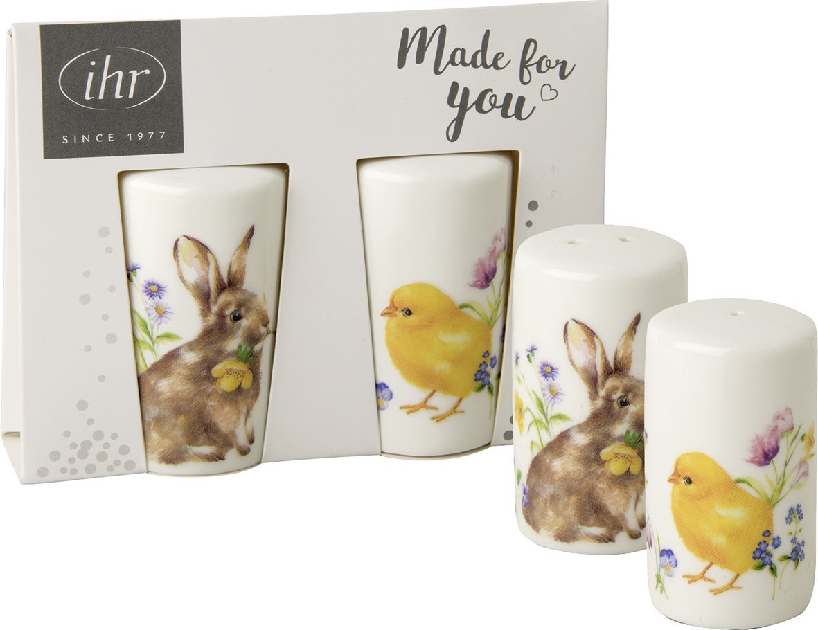Conjunto de saleiro e pimenteiro e copos decorados com coelho e pintainho, embalados