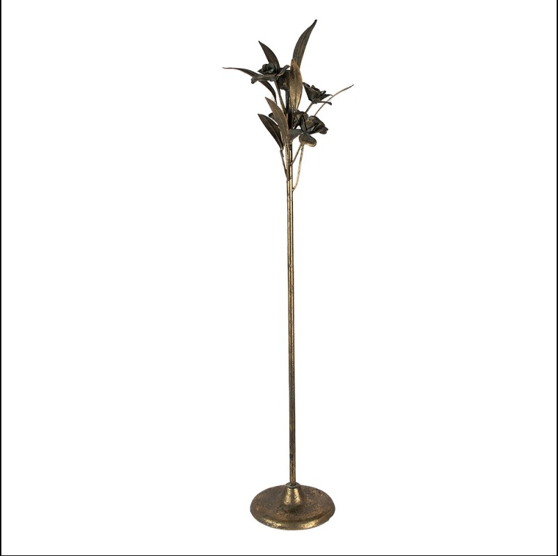 Candeeiro de pé metálico dourado com folhas e flores decorativas
