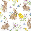 Padrão com coelhos, pintainho, flores coloridas e borboletas sobre fundo branco