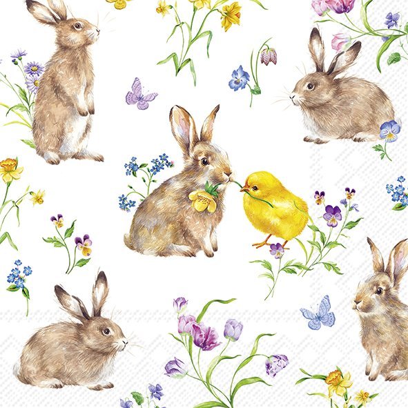 Padrão com coelhos, pintainho, flores coloridas e borboletas sobre fundo branco