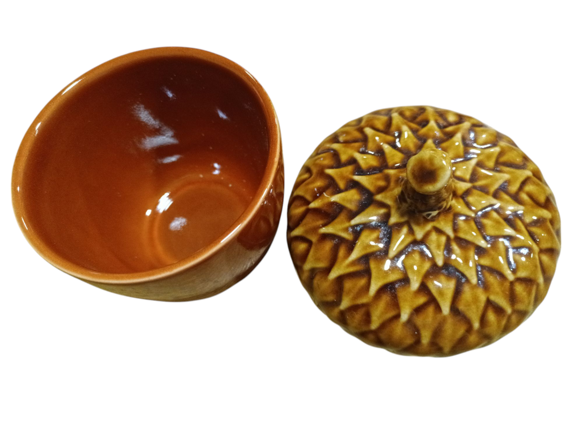 Conjunto de recipiente de cerâmica castanha com tampa texturizada amarela
