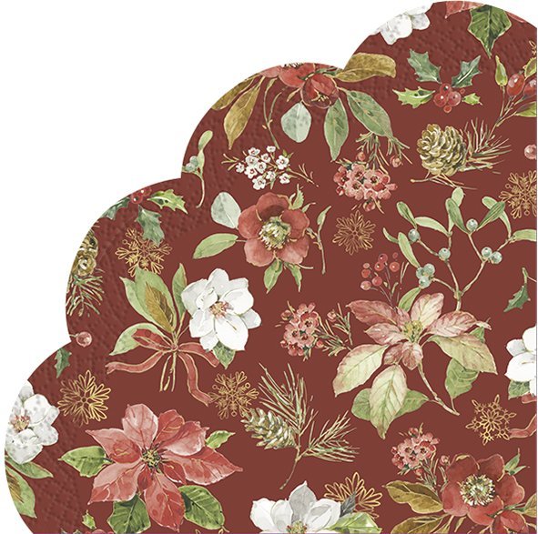 Guardanapo com padrão floral natalício detalhado em fundo castanho.