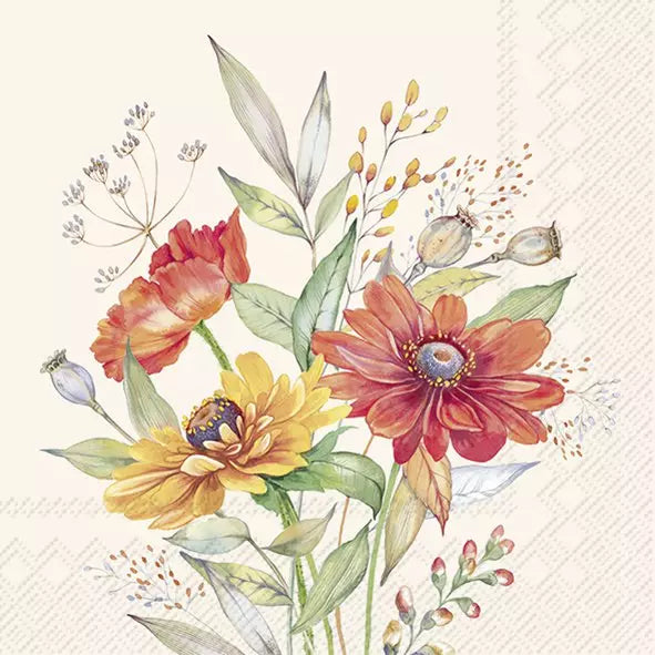 Ilustração de flores coloridas em fundo bege com padrão subtil