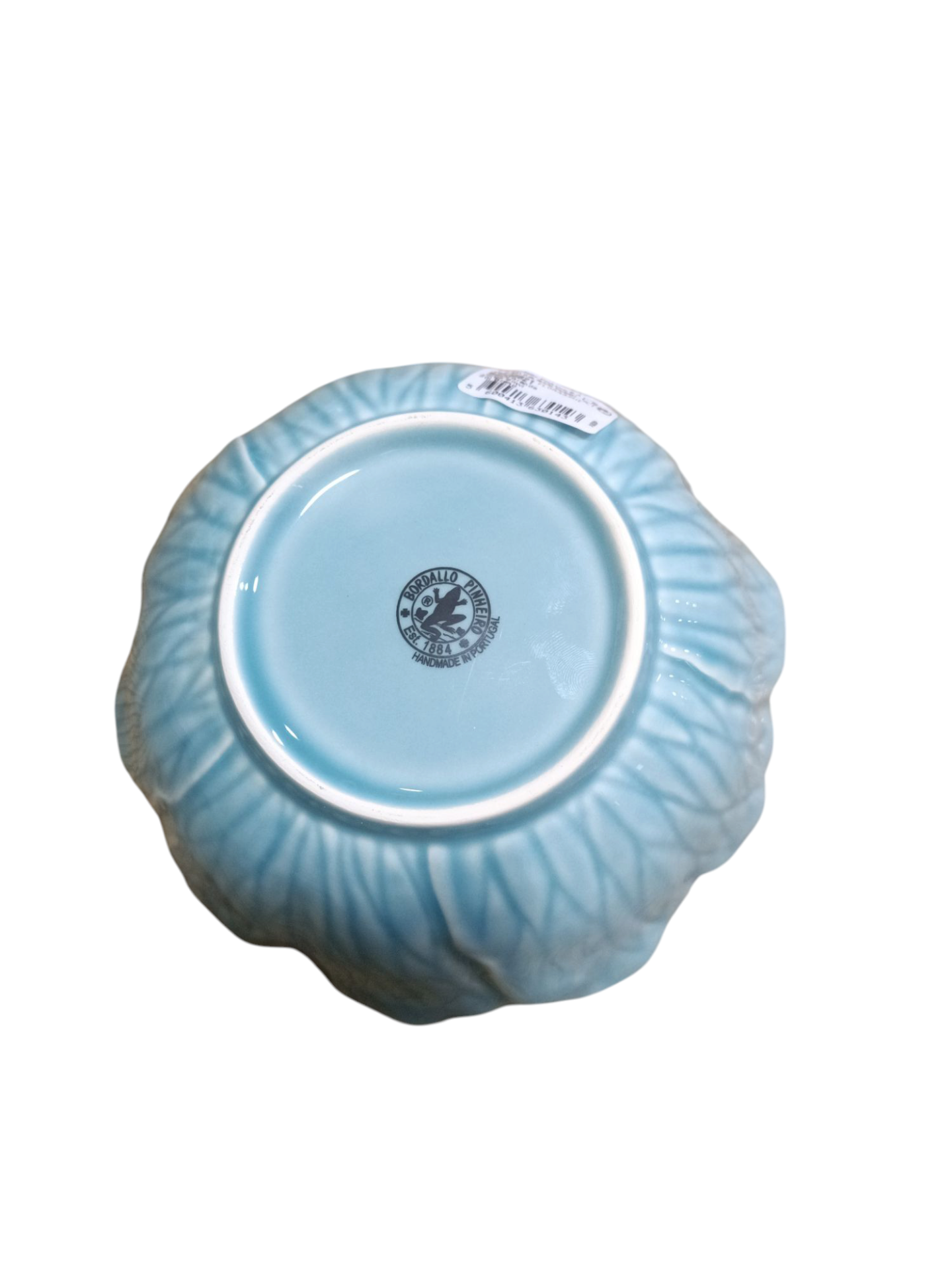 Prato cerâmico azul com selo e etiqueta de preço