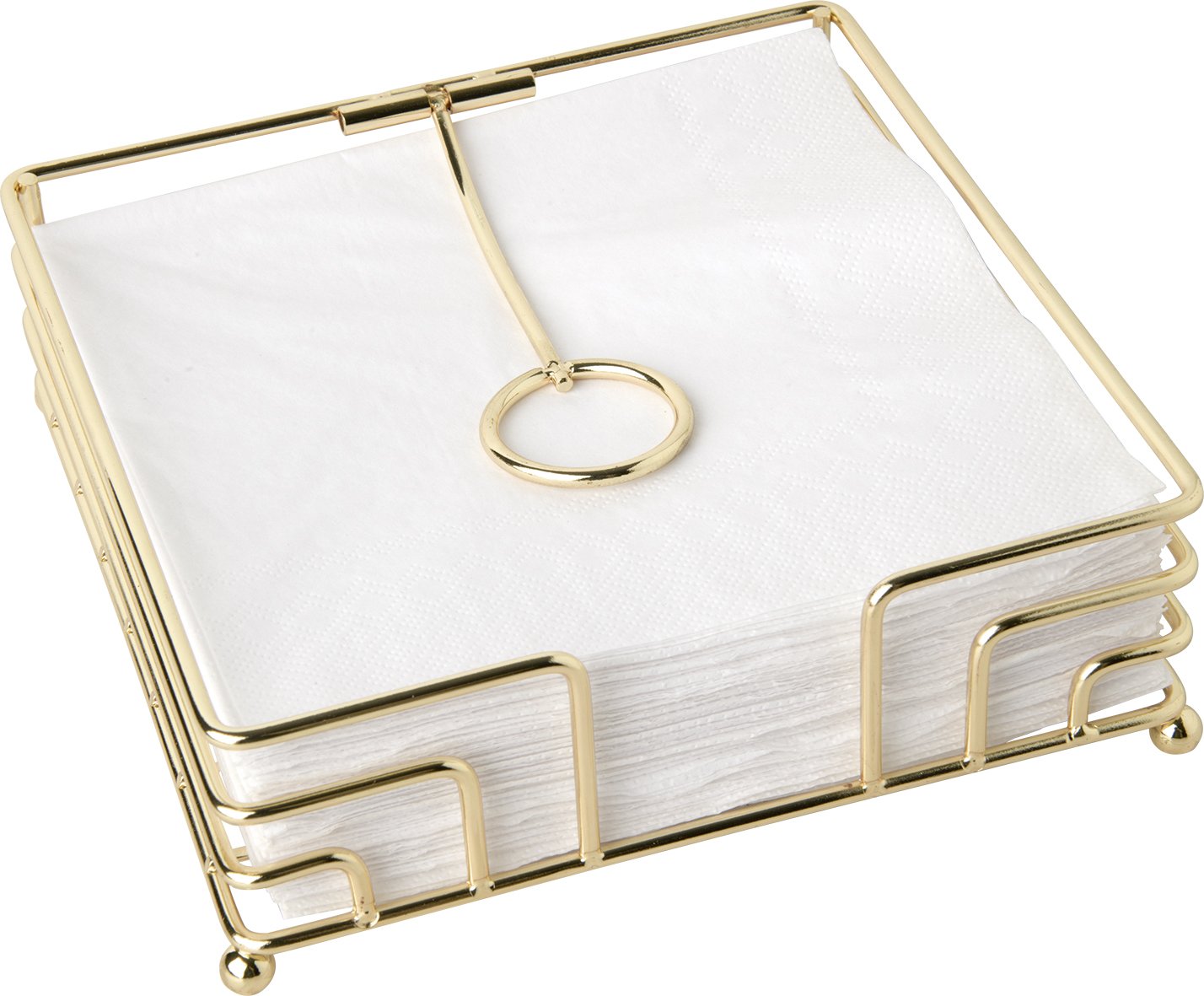 Suporte dourado para guardanapos com guardanapos brancos