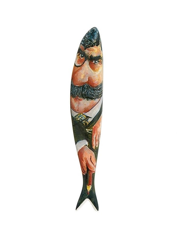 Espátula de madeira com pintura caricatural de homem de bigode