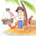 Desenho infantil de pirata numa ilha com palmeira, baú do tesouro, caranguejo e barco pirata