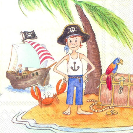 Desenho infantil de pirata numa ilha com palmeira, baú do tesouro, caranguejo e barco pirata