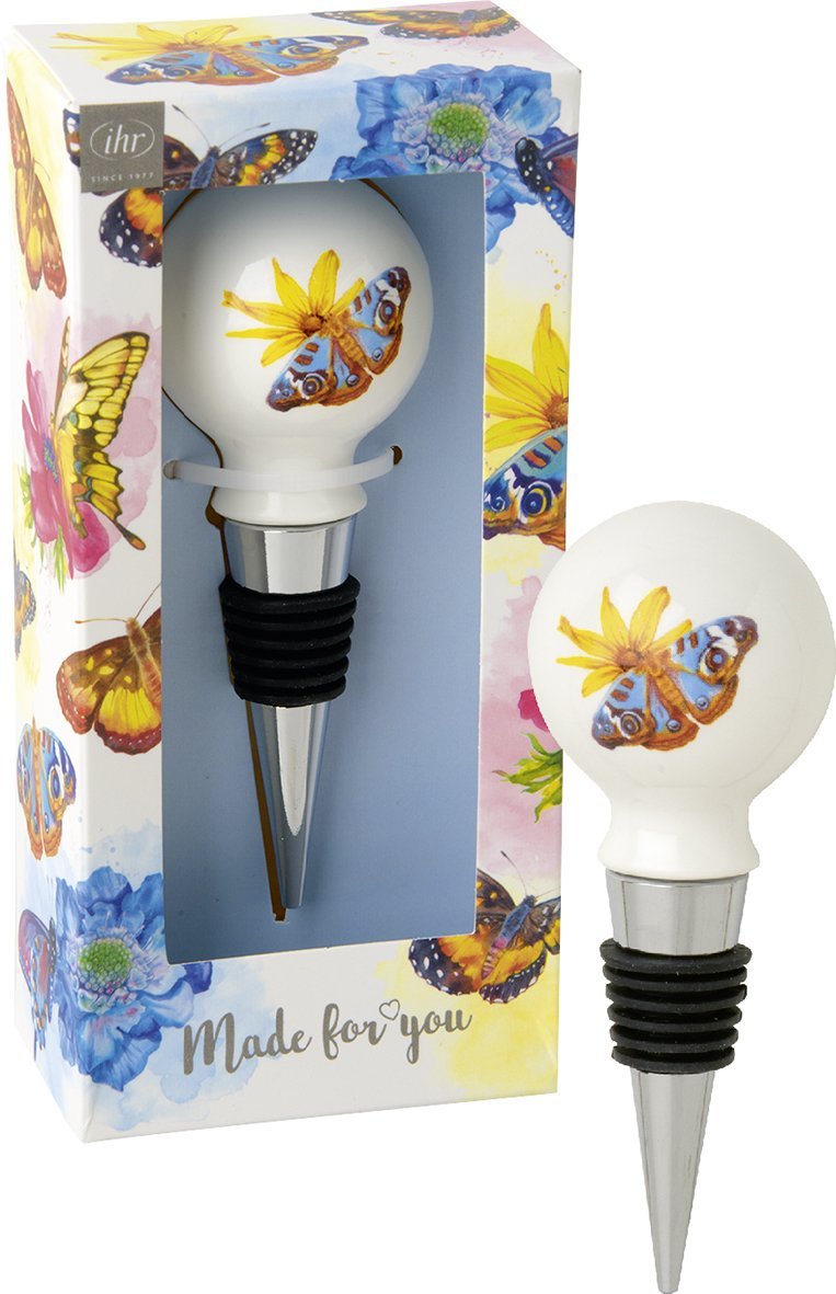 Tampa para garrafa decorativa com pintura de borboleta azul e flor amarela e base de metal