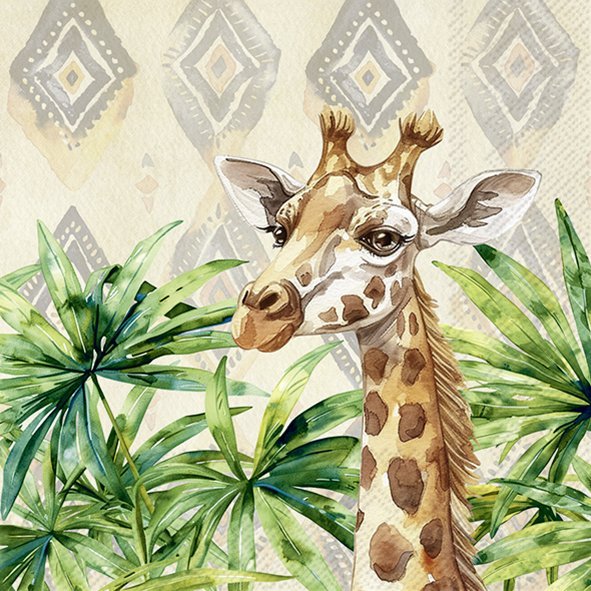 Ilustração de girafa com folhagem tropical e padrões geométricos