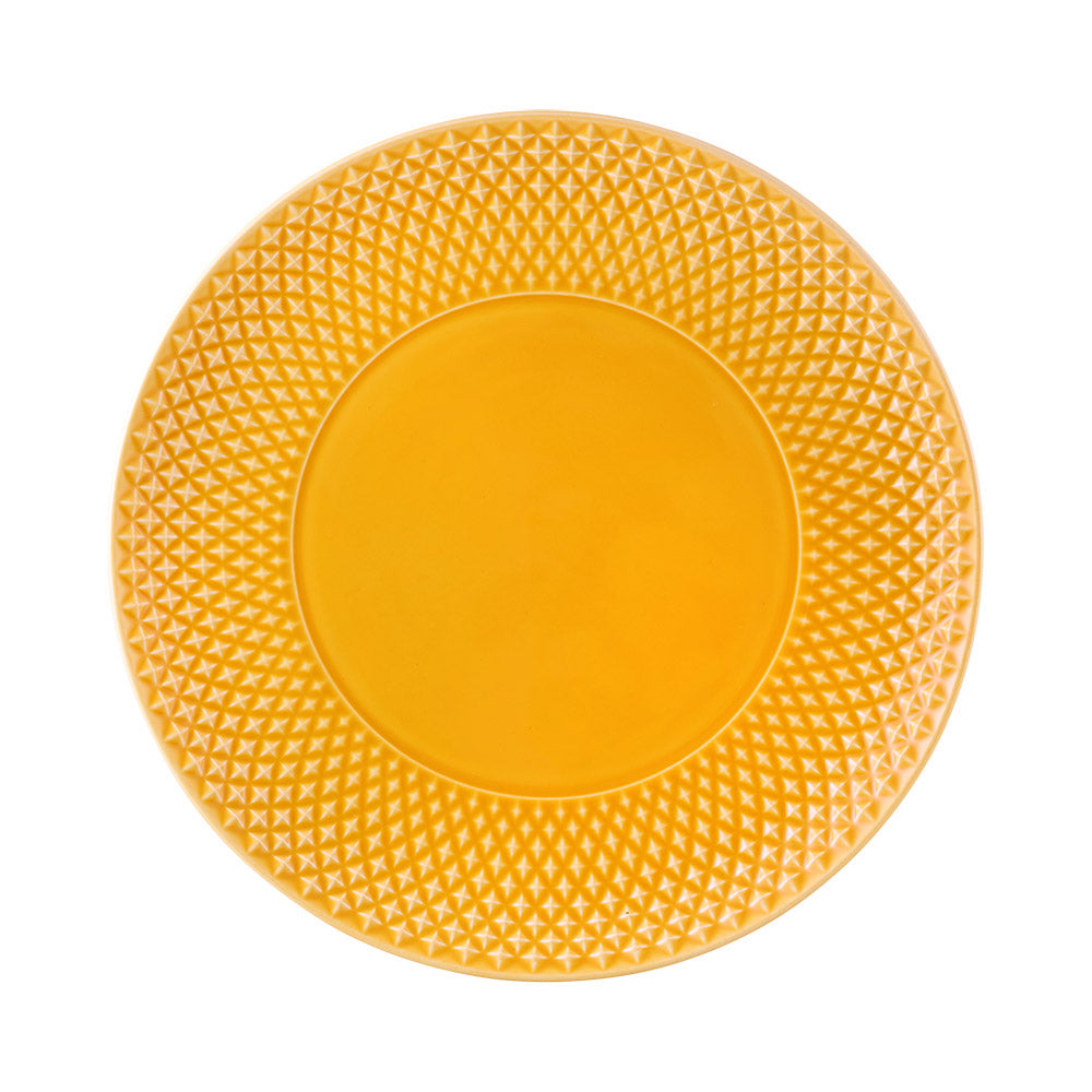 Prato redondo amarelo com textura geométrica em relevo
