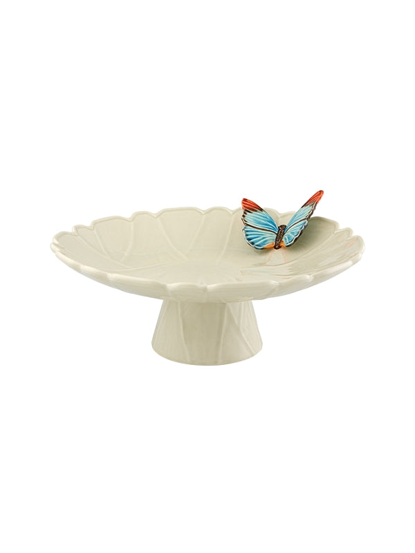 Prato de cerâmica branco com borboleta colorida no bordo