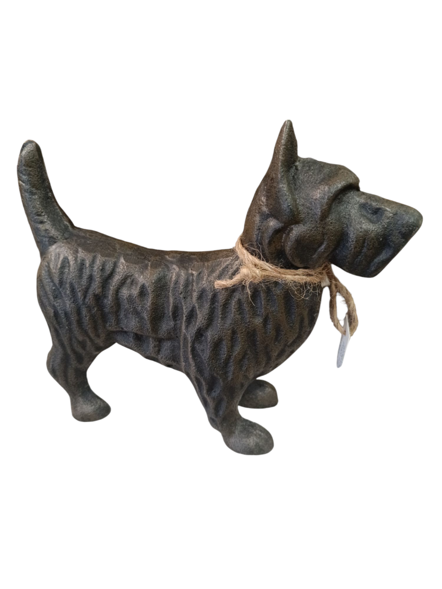 Estatueta de cão em ferro fundido com cordel de juta no pescoço