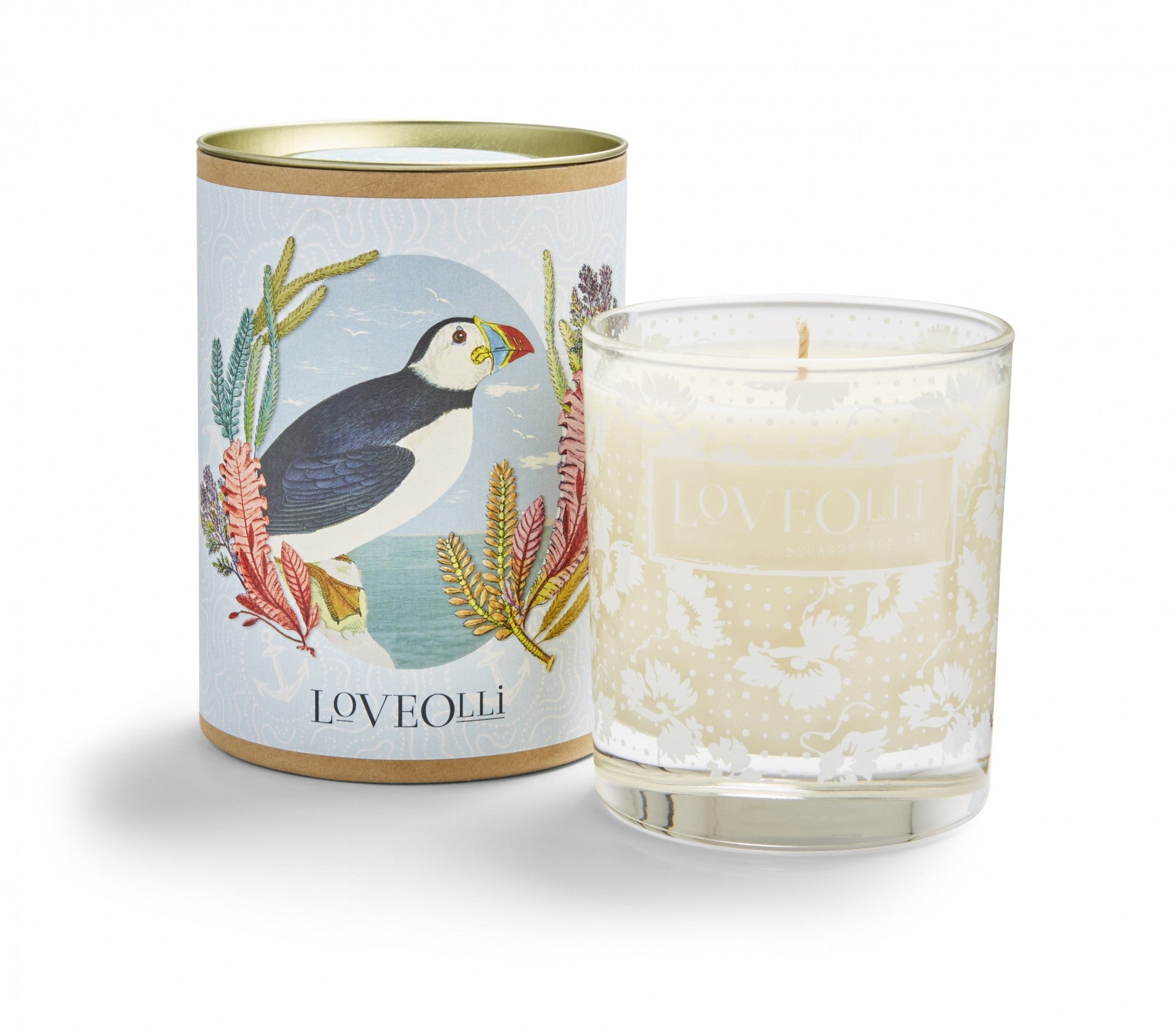 Vela perfumada LoveOlli com embalagem decorativa e caixa cilíndrica