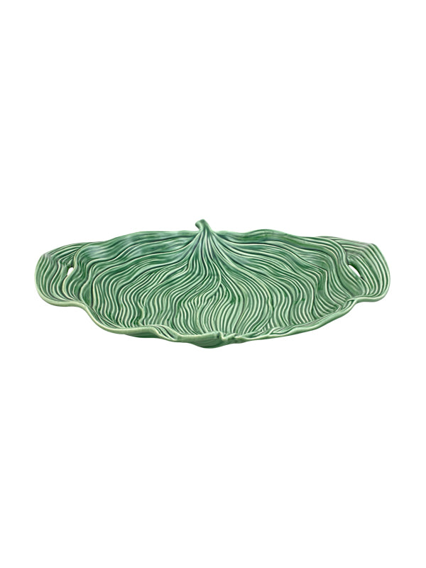 Prato decorativo verde em cerâmica com relevo de folhas