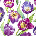 Padrão floral de tulipas roxas e lilases com folhas verdes em fundo branco.