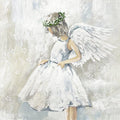 Ilustração de criança com asas de anjo em vestido branco e coroa de flores