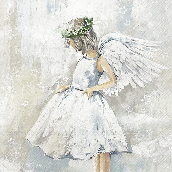 Ilustração de criança com asas de anjo em vestido branco e coroa de flores