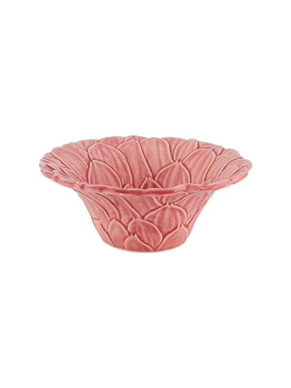 Taça cerâmica rosa com textura floral sobre fundo branco