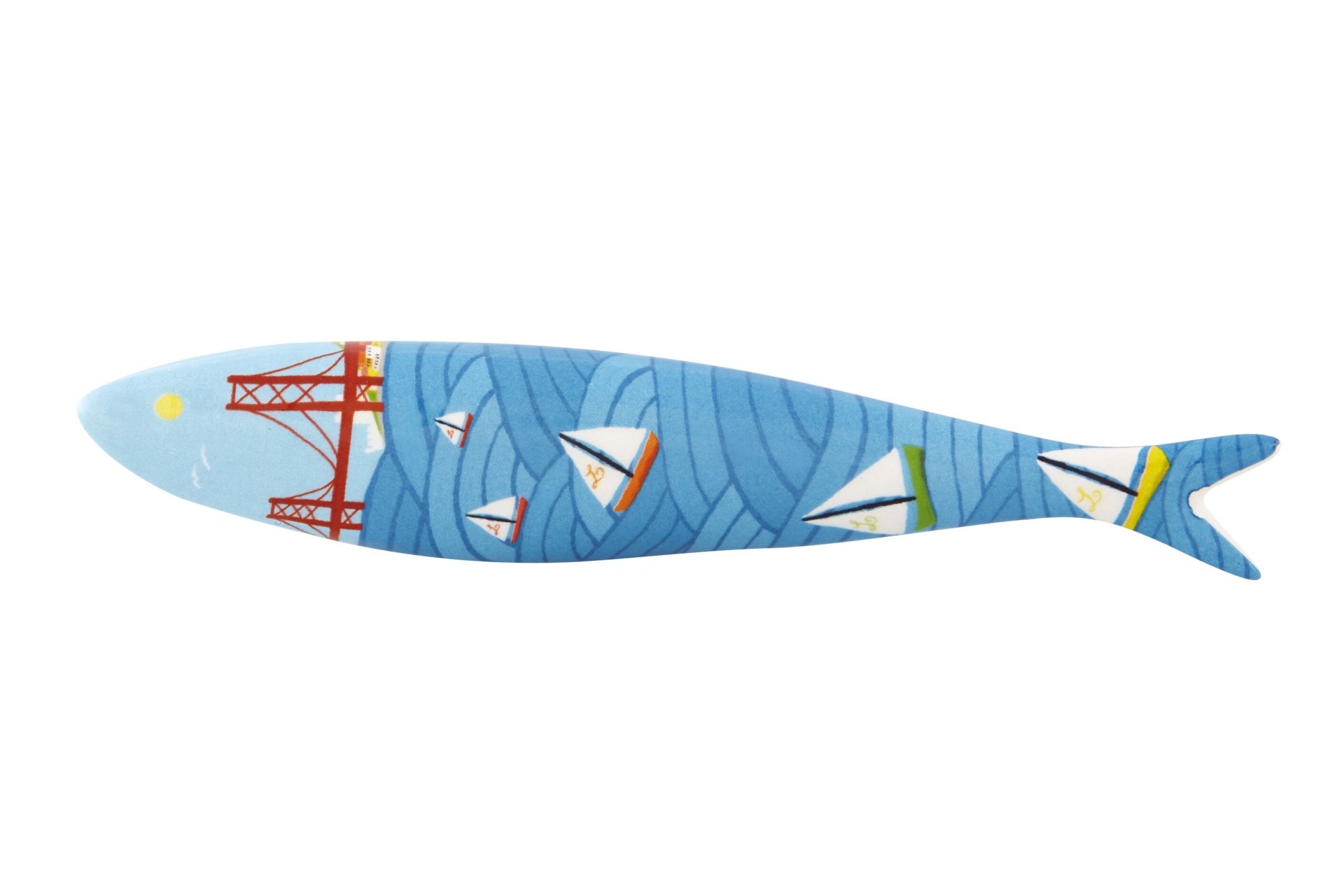 Travesseiro decorativo em formato de peixe com estampa náutica colorida