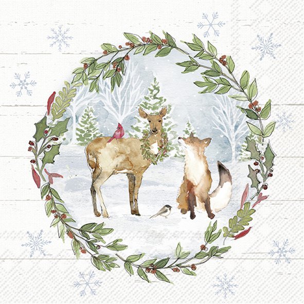Guardanapo com ilustração de rena, raposa e pássaros em guirlanda verde com bagas vermelhas e flocos de neve azuis