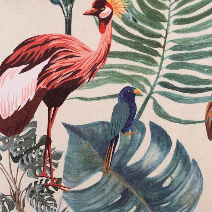Tecido estampado com folhas tropicais e pássaros coloridos.