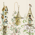 Três casas de pássaros decorativas com pássaros e flores