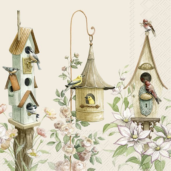 Três casas de pássaros decorativas com pássaros e flores