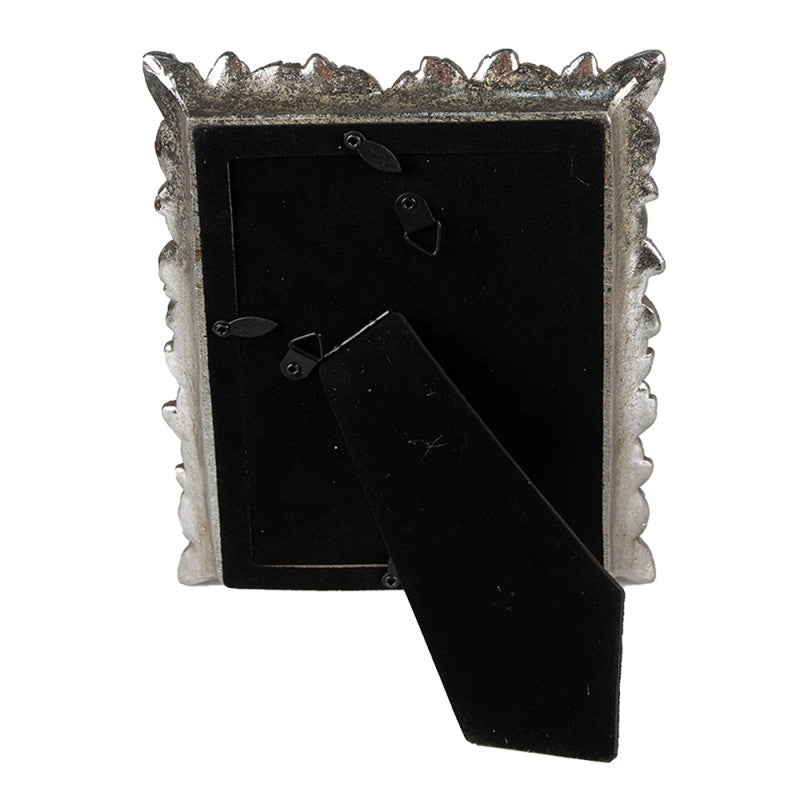 Moldura de fotografia prateada com suporte preto