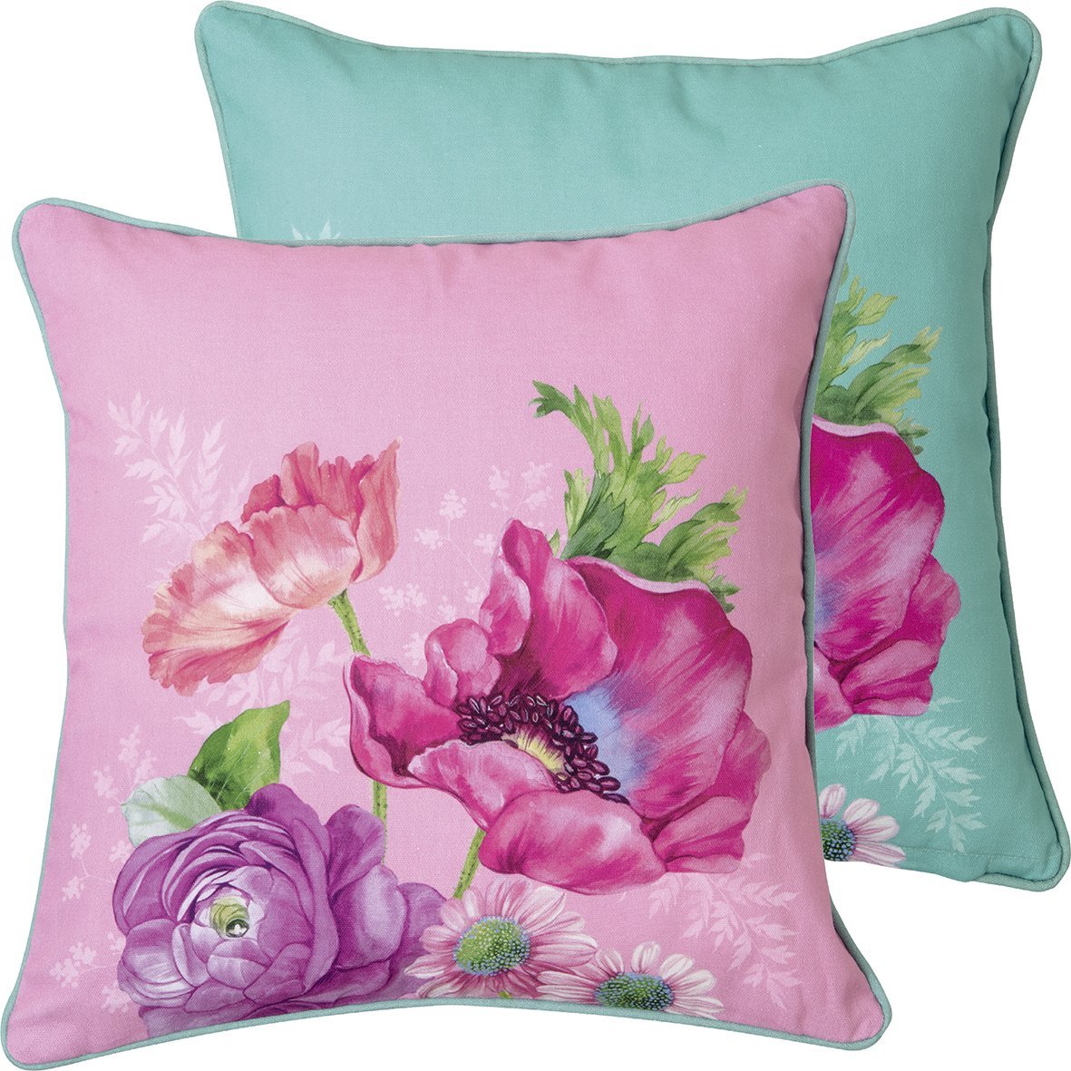 Almofadas quadradas com padrão floral em rosa e azul turquesa