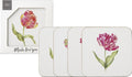 Conjunto de bases para copos com ilustração de tulipas em embalagem branca.
