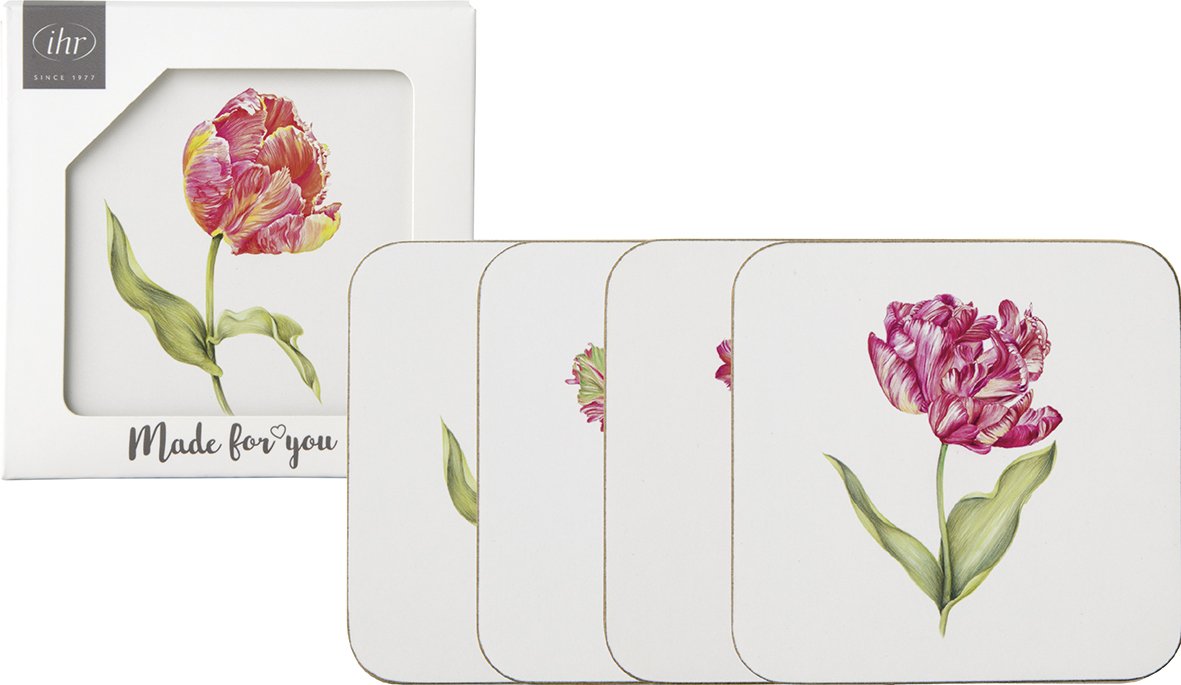 Conjunto de bases para copos com ilustração de tulipas em embalagem branca.
