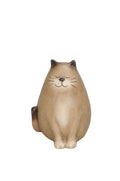 Estatueta de gato castanho em cerâmica com olhos fechados e bigodes desenhados