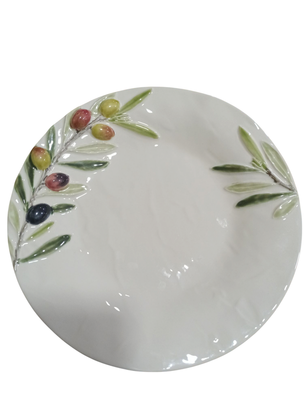 Prato branco redondo com decoração de ramos de oliveira e azeitonas coloridas em relevo