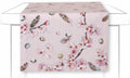 Toalha de mesa rosa claro com padrão de flores e penas