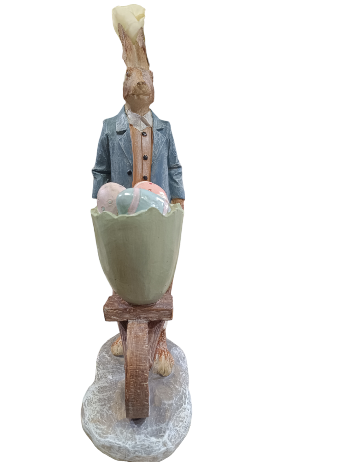 Estatueta decorativa de coelho com carrinho de mão e ovos