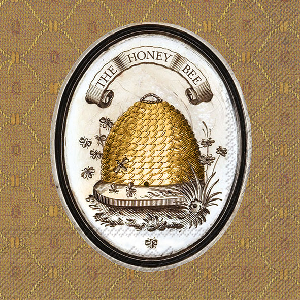 Ilustração oval de colmeia dourada com abelhas e texto THE HONEY BEE sobre fundo castanho texturado.