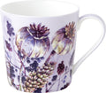 Caneca decorada com padrão botânico em cores lilás e roxas