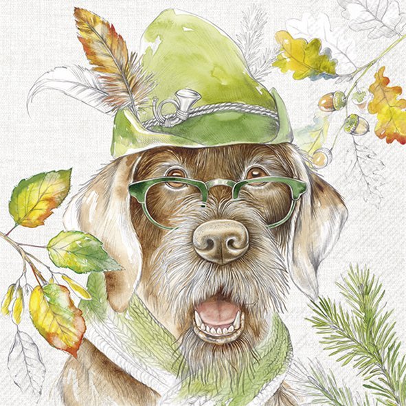 Ilustração de um cão com acessórios verdes e folhas de outono ao redor.