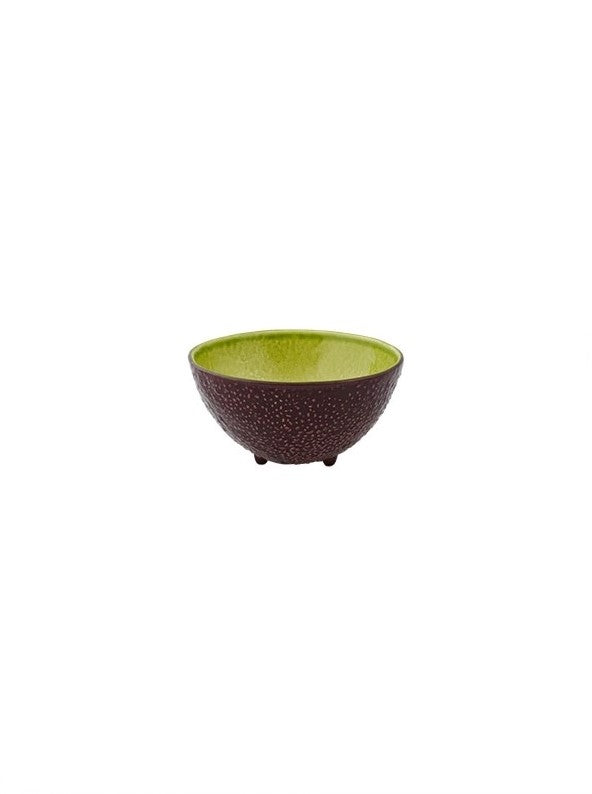 Taça pequena cerâmica castanho e verde com textura, três pés pequenos.